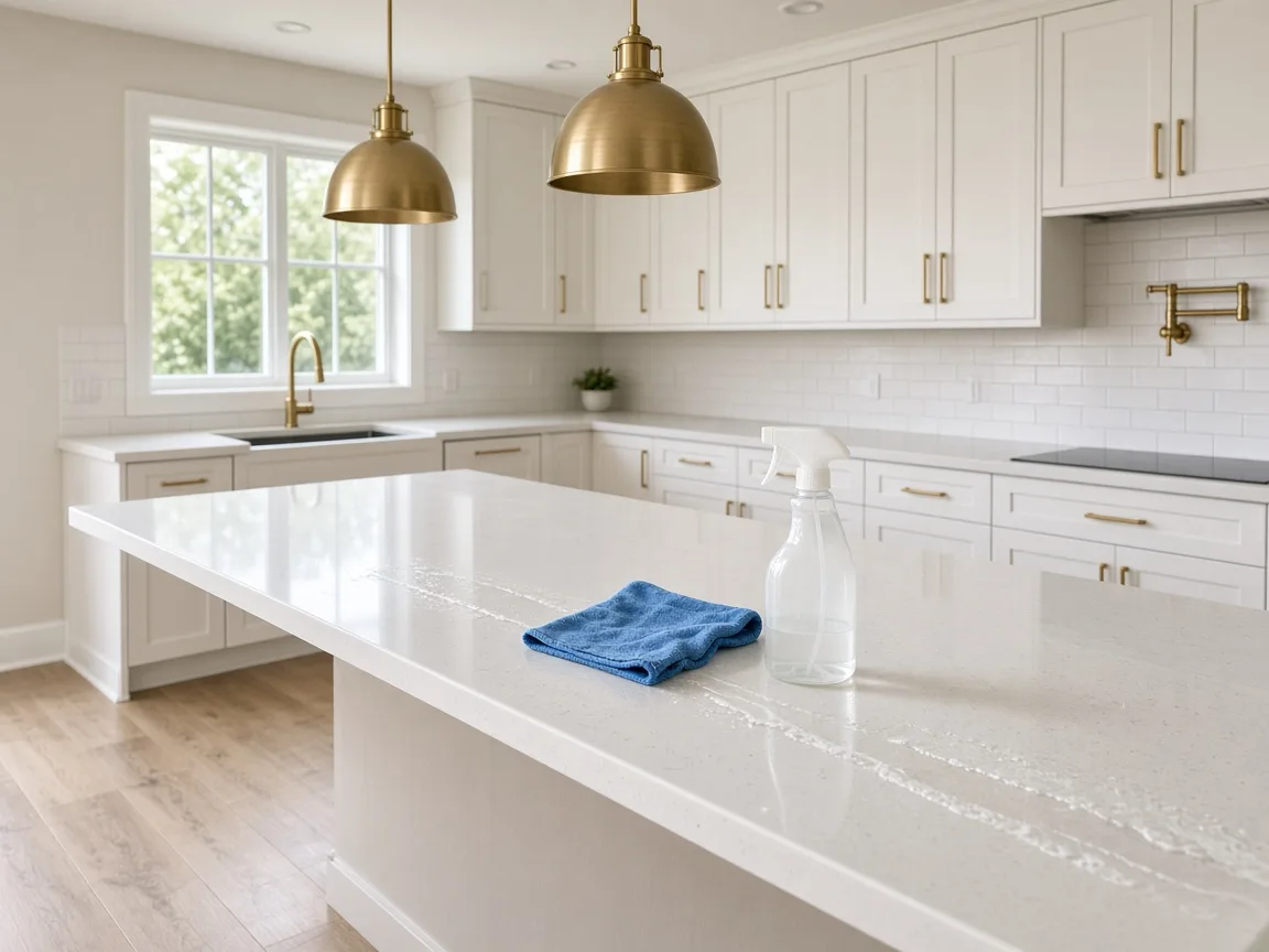 Blue microfiber cloth and spray bottle on a quartz kitchen island during a final clean