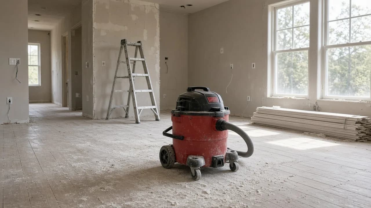 Shop vacuum and ladder on dusty new wood floors during a rough clean