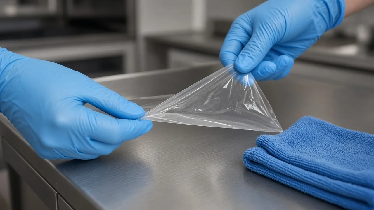 Gloved hands peeling protective film off a new stainless steel appliance